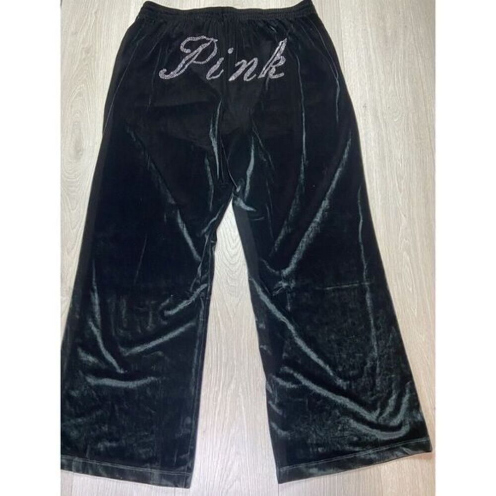 Victorias Secret Pink Pant Women 2XL Green Velour‎ Track Bling Spellout Wide Leg